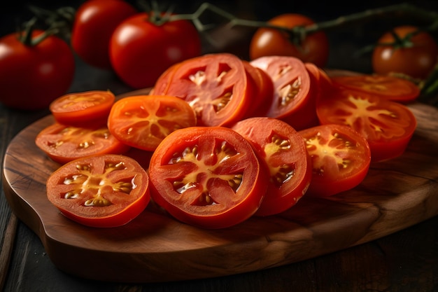 Gesneden tomaat Rode tomaten op een houten snijplank Neuraal netwerk AI gegenereerd