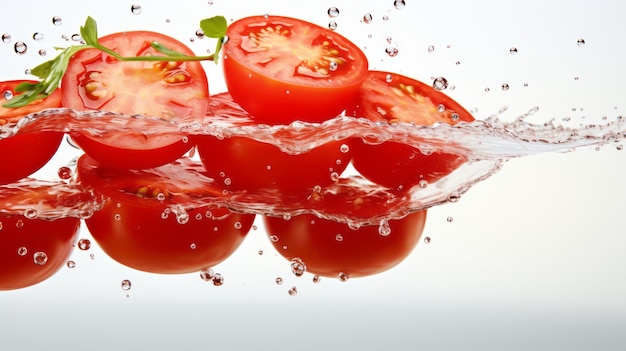 Gesneden tomaten zweven horizontaal bovenop elkaar in de lucht op een witte achtergrond