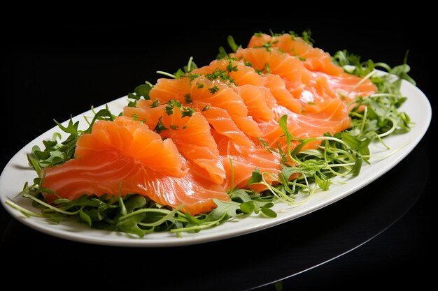 Gesneden zalm met arugula grapefruit en saus