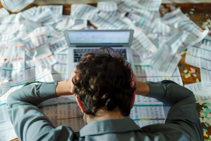 Gespannen werknemer overweldigd door papierwerk en deadlines op kantoor