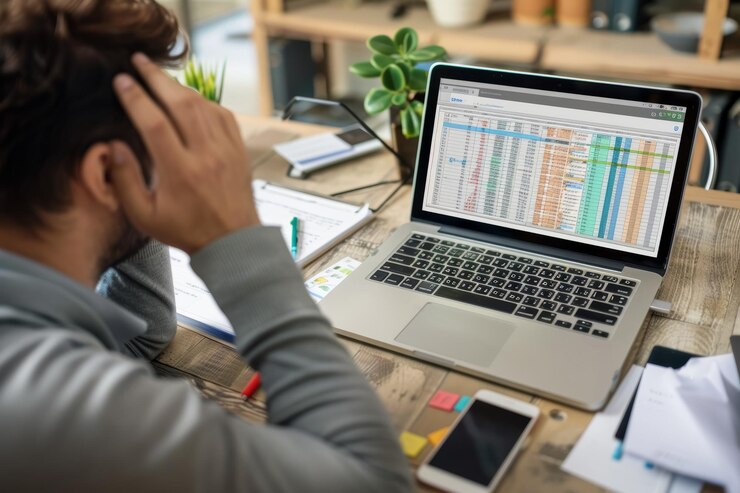 Gespannen werknemer overweldigd door papierwerk en deadlines op kantoor