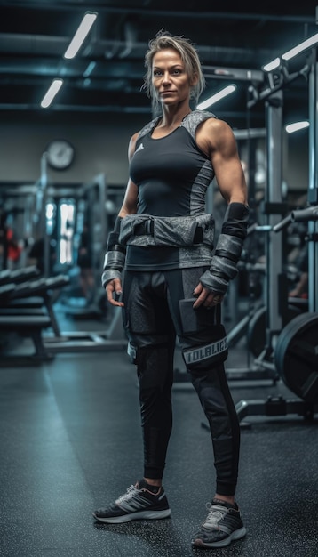 Gespierde bodybuilder vrouwelijke atleet demonstreert haar lichaam in de sportschool Generative AI