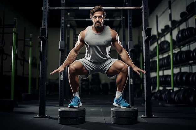 Gespierde fitness man doet air squat in de sportschool