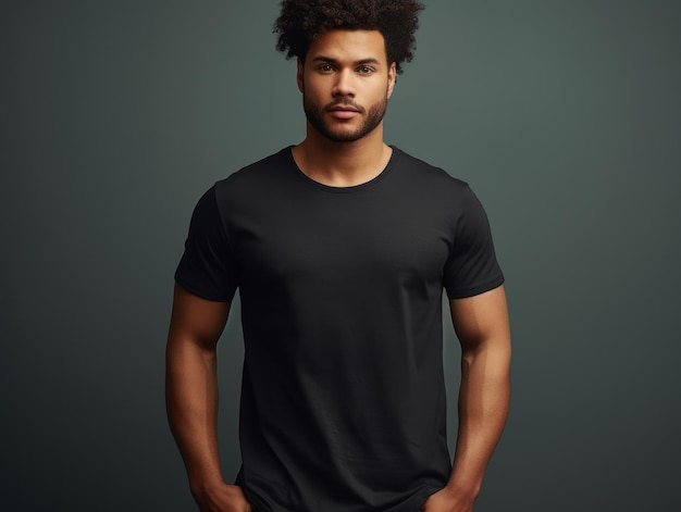 Foto gespierde knappe man in zwarte t-shirt realistisch t-shirtmodel