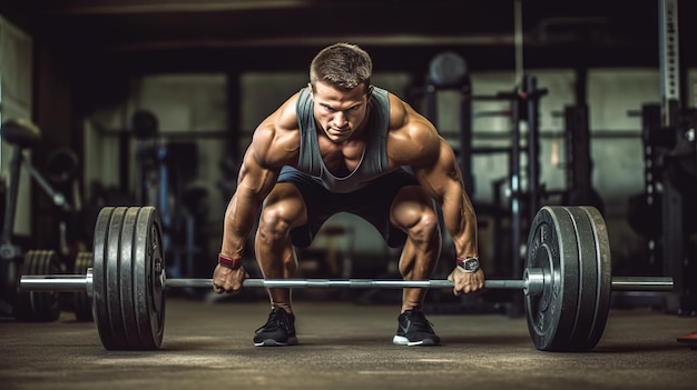 Gespierde man bereidt zich voor om deadlift te doen