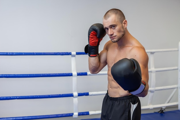 Gespierde man met naakte torso traint handstoot met bokshandschoenen in de ring