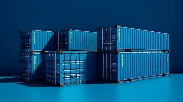 Gestapelde blauwe zeecontainers in hoogwaardige 3D-weergave op donkere achtergrond voor productweergave