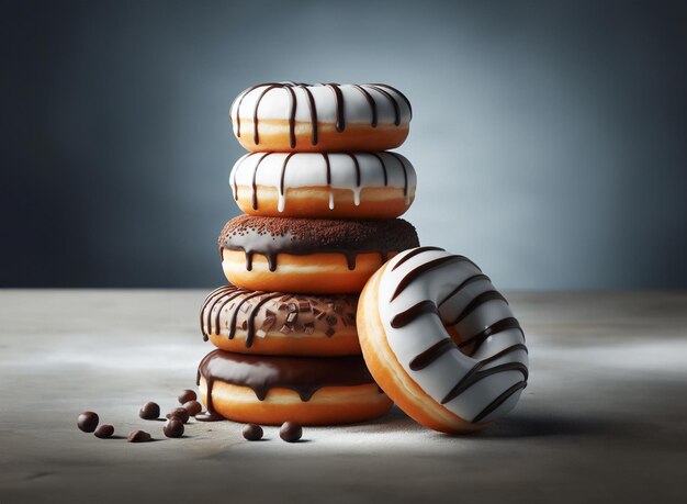 gestapelde donuts met roze en chocolade glazuur en coating op studio product shoot achtergrond