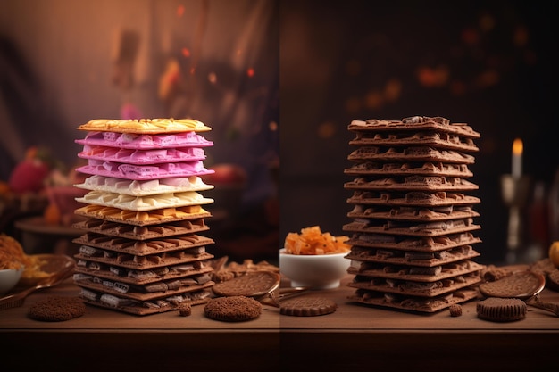 Gestapelde heerlijke chocolade wafels in grote hoeveelheid twee verschillende smaken van klassieke kleine wafels