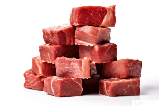 Gestapelde stukjes vlees blokjes op een witte achtergrond
