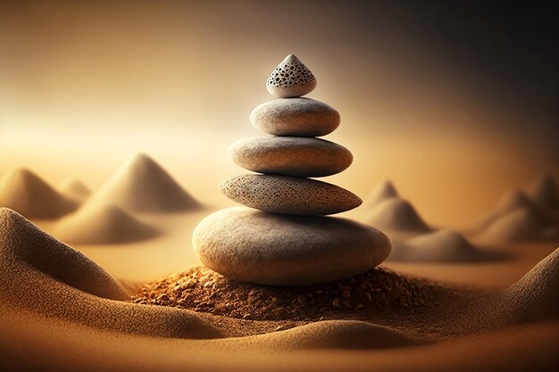 Gestapelde zenstenen zand achtergrondkunst van evenwichtsconcept. AI gegenereerd