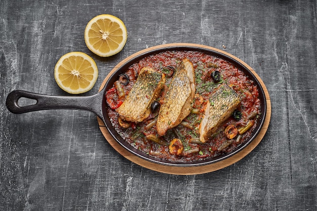 Gestoofde baars in tomatensaus, serveer eten in Provençaalse stijl in een pan.