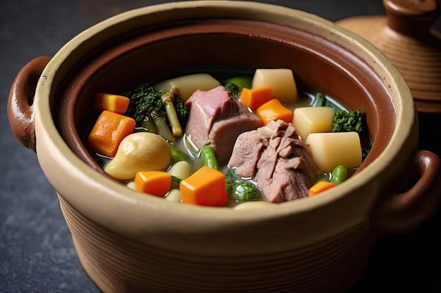Gestoomd vlees en groenten in een keramische pot een schotel uit Hong Kong