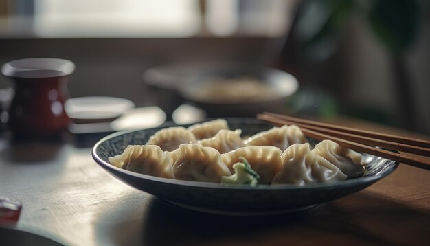 Gestoomde chinese dumplings op een houten bord perfecte lunchverfrissing gegenereerd door kunstmatige intelligentie