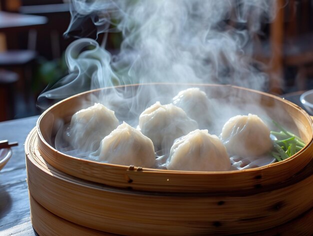 gestoomde dumplings in een bamboestomer Chinese keuken