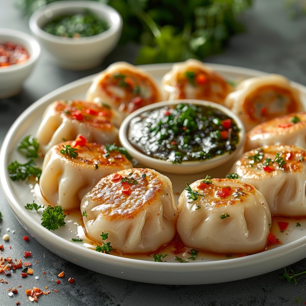 Gestoomde dumplings met vlees en groenten op het bord