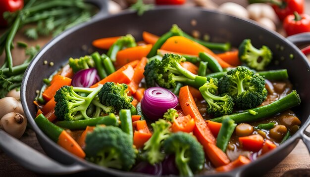 Foto gestoomde groenten in een pan kookproces veganistisch voedsel broccoli uien wortels groene bonen