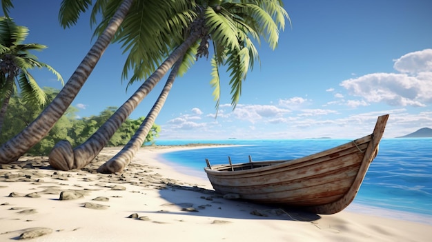 Gestrande houten boot op het strand onder de palmboom