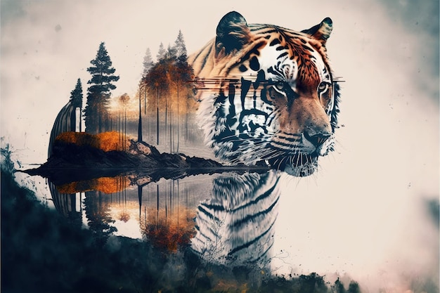Foto gestreepte bengaalse tijger in dubbele belichting voegt zijn kop samen met een prachtige achtergrond
