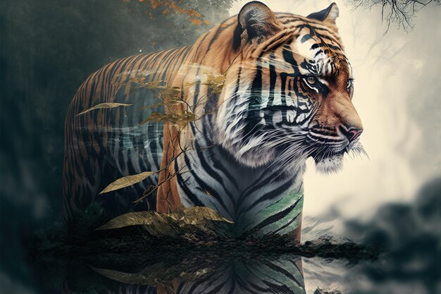 Gestreepte Bengaalse tijger in dubbele belichting voegt zijn kop samen
