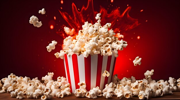 gestreepte doos met popcorn op rode achtergrond neurale netwerk ai gegenereerd