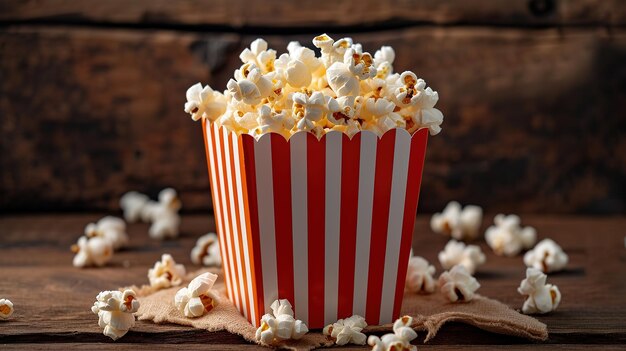 gestreepte doos met popcorn op rode achtergrond