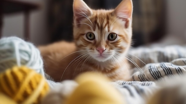 Gestreepte kat met gele bolletjes strengen draad op een wit bed Een artikel over huisdieren