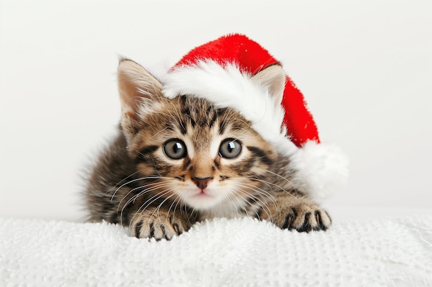 Gestreepte kitten op kerstfeestelijke witte achtergrond