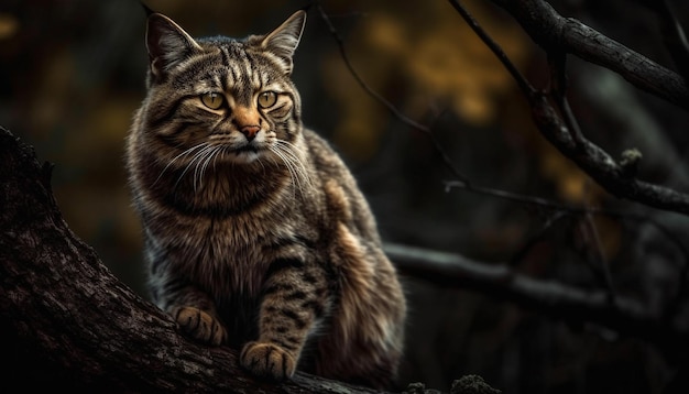 Gestreepte kitten zittend op een tak die fel staart, gegenereerd door AI