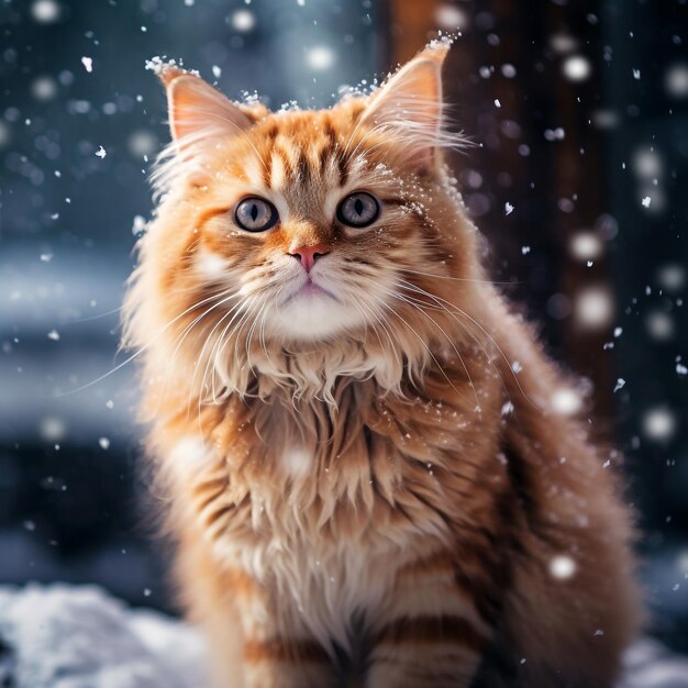 gestreepte pluizige schattige mooie kat draaide zich om en kijkt naar rechts met blauwe ogen op een gekleurde achtergrond olieverf schilderij
