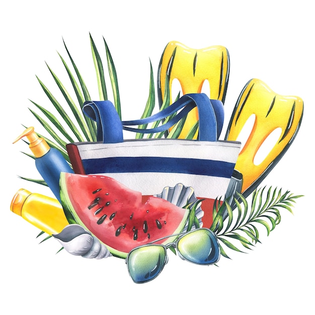 Gestreepte strandtas met gele flippers sunblock zonnebrillen watermeloen schelpen en tropische bladeren Aquarel illustratie Samenstelling uit de collectie STRANDVAKANTIE