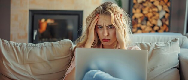 Foto gestresseerde jonge vrouw met een laptop die zich overweldigd voelt