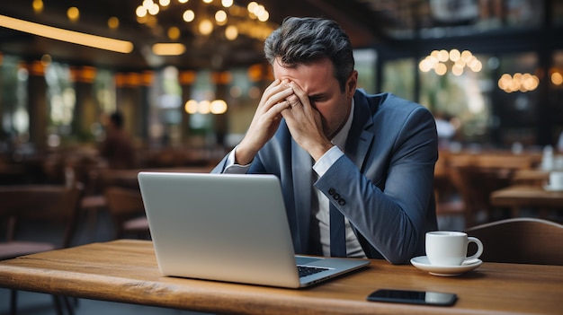 Gestresseerde vermoeide man met hoofdpijn voor de computer bezorgde mannelijke ondernemer die denkt