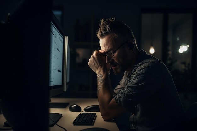 Gestresste kantoormedewerker overwerkt en opgebrand De tol van de werkplek Stressgenererende AI