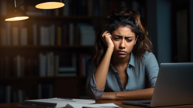 Gestresste vrouw zit aan een kantoor bureau met haar hoofd in haar handen met een laptop voor haar