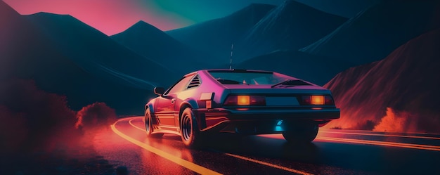 Gestroomlijnde retrowave-auto met neonlichten die de straten van de stad verlichten