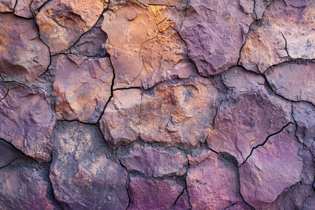 Gestructureerde achtergrond van ruw oneffen oppervlak van bruine en paarse stenen muur met scheuren