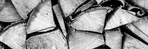 Gestructureerde brandhoutachtergrond van gehakt hout voor het aansteken en verwarmen van het huis. een houtstapel met gestapeld brandhout. de textuur van de berkenboom. afgezwakt in zwart wit of grijze kleur. banier