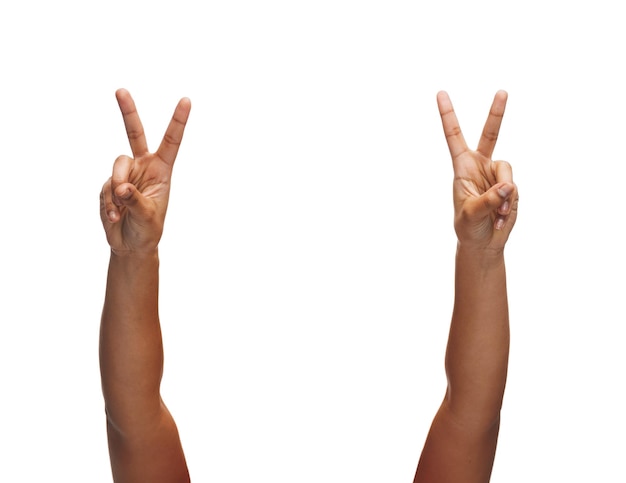 Photo gesture and body parts concept - woman hands showing v-sign