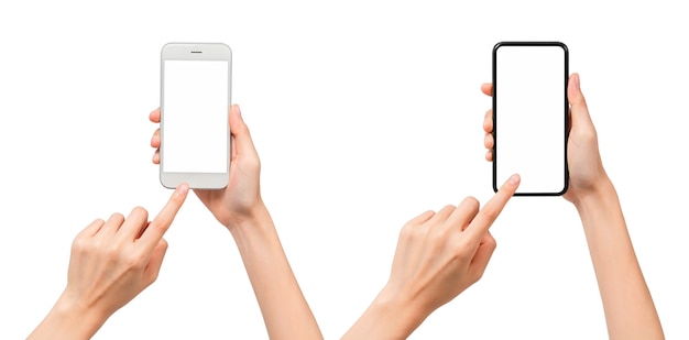 Коллекция жестов руки, держащей смартфон с пустым экраном, макет для мобильного приложения, современный дизайн с обтравочным контуром.