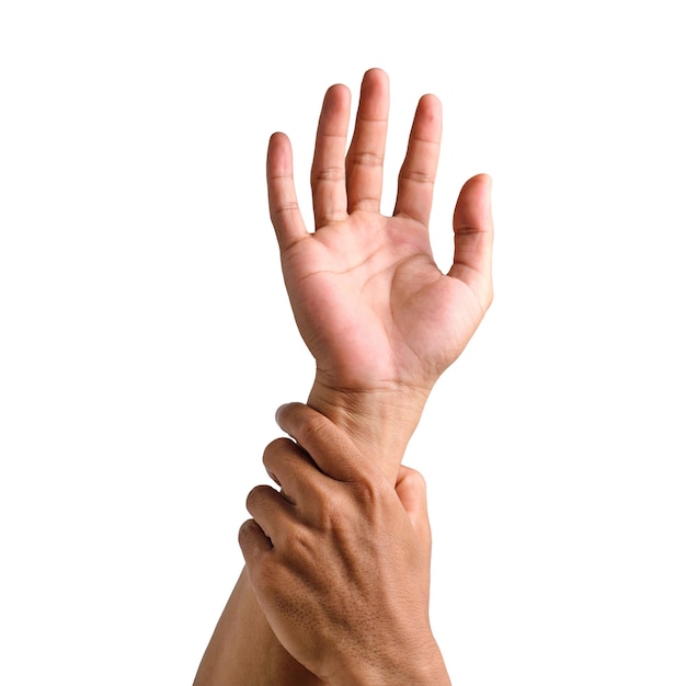Foto gesto della mano che raggiunge qualcosa di isolato su uno sfondo bianco