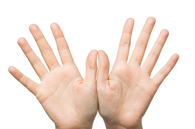 gesture, people and body parts concept - close up of two hands showing palms and fingers