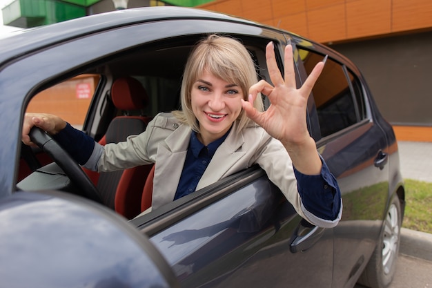 美しいブルネットの車の中でのジェスチャー