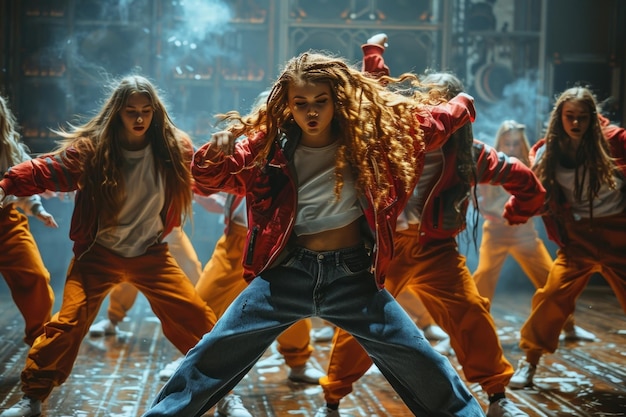 Foto gesynchroniseerde vrouwelijke dansers in levendige outfits op het podium met rook-effecten