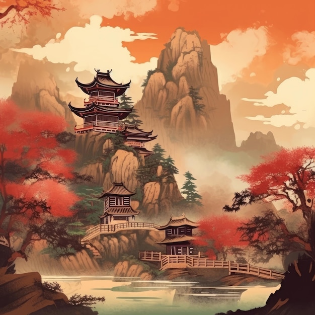 Get a Chinesestyle mountain print for decor and design Generative AI