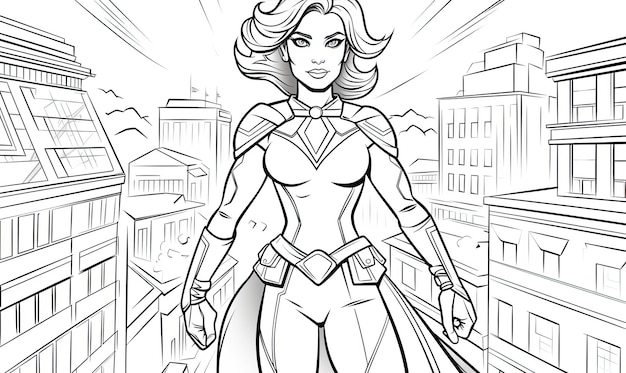 創造力を発揮し、ライン アート デザインを使用してダイナミックな漫画の女性スーパーヒーローに色を付けましょう