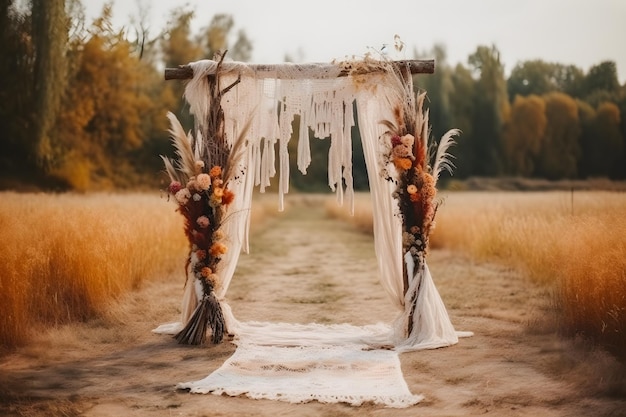 Get Inspired by This Front View of a Boho Wedding Arch Decorated with Thin Cheesecloth Gauze overlay