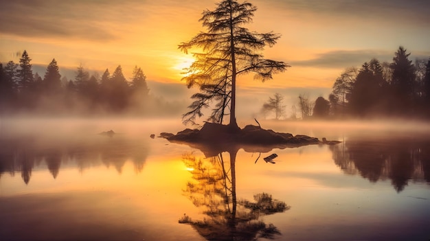 Погрузитесь в красоту природы с этим безмятежным изображением, на котором запечатлено спокойное озеро на рассвете, окутанное туманом и окруженное высокими деревьями Генеративный искусственный интеллект