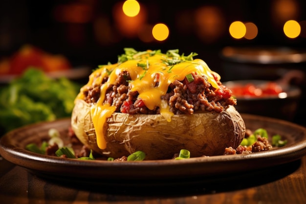 Photo get ready for a delightful and substantial meal featuring a fluffy baked potato filled generously with succulent ground beef and melted cheddar cheese creating a blissful fusion of flavors