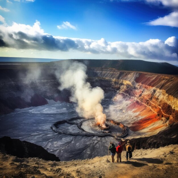 Foto immaginate da vicino un vulcano attivo mentre fate un'occhiata nel suo cratere fumoso